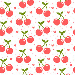 Cherry and Strawberry pattern, cute heart fruit cartoon seamless background with dot, Vector illustration