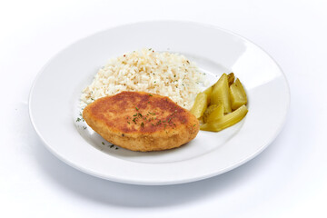 cutlet with rice on white plate