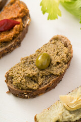 Pate Of Green Olives. Preserves prepared at home as a side dish or appetizer typical of southern Italy, particularly from Puglia