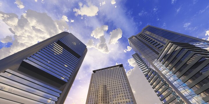 Skyscrapers against the blue sky with clouds, modern high-rise buildings bottom view, 3D rendering