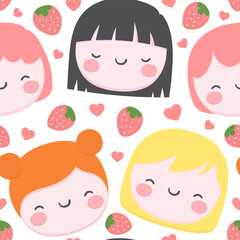 girl kawaii pattern with strawberry cute cartoon seamless pattern for nursery, bedroom, vector illustration background
