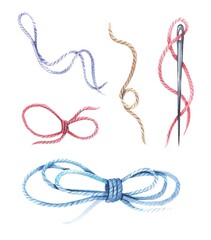 Watercolor knitting elements:needle, threads isolated on a white background.