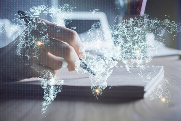 Social network theme hologram over woman's hands writing background. Concept of international people connect. Double exposure