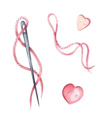 Fototapeta premium Watercolor knitting elements:needle, threads isolated on a white background.