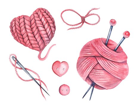 Set, collection with watercolor knitting elements: yarn, knitting heart, needle, buttons ,hand drawn knitting elements isolated on a white background.