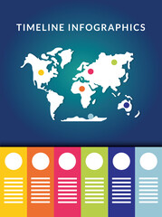 Timeline infographics with world map vector design