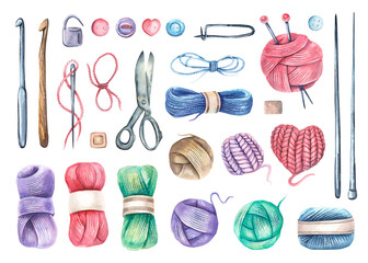 Big set, collection with watercolor knitting elements: yarn, knitting needles and crochet hooks, hand drawn knitting elements isolated on a white background