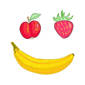 Vector cartoon style drawn illustration of funny fruits. banana smile. Design best for posters, banners, cards and fabric prints.
