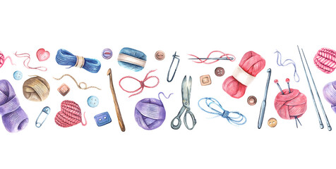 Seamless border with watercolor knitting elements: yarn, knitting needles and crochet hooks, hand drawn knitting elements isolated on a white background.