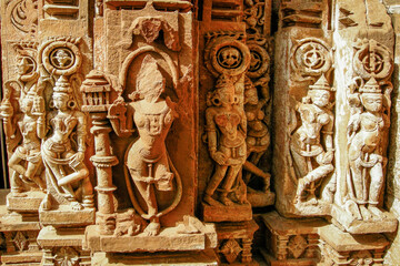 Omkareshwar Temple, India. Stone carving sculptures at Siddhnath Baradwari Siddheshwar Temple.