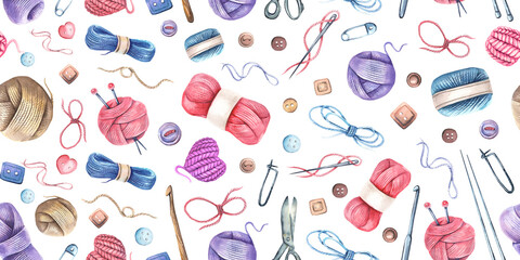 Seamless pattern with watercolor knitting elements: yarn, knitting needles and crochet hooks, hand drawn knitting elements isolated on a white background.