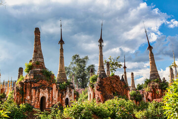 Ruins of ancient stupas of Shwe Indein Pagoda Inle Lake, Shan State, Myanmar