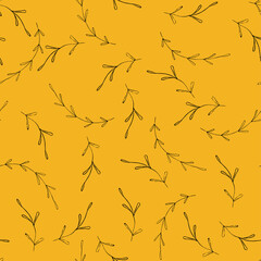 Rustic vintage green leaves and hand sketched flowers seamless pattern on yellow background. 