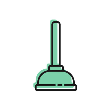 recommend clip art: Black line Rubber plunger with wooden handle for pipe cleaning icon isolated on white background. Toilet plunger. Vector Illustration.