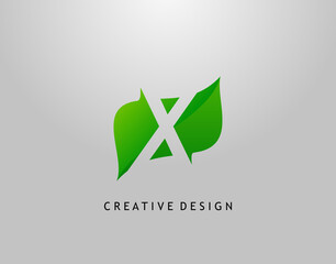 Green X Letter Logo. Modern Abstract of Initial X With Simple Leave Shape. Eco Nature Concept Design.