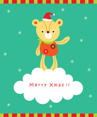 cute teddy bear merry christmas greeting card vector