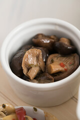 Forest mushrooms in oil. Preserves prepared at home as a side dish or appetizer typical of southern Italy in particular from Puglia