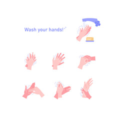 Illustrated step by step instruction how to wash your hands properly. Covid-19 hands hygene instruction. 