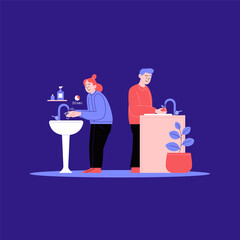 A woman washing hands in the bathroom. A man washing a fruit or a vegetable in the kitchen. Covid-19 hygene instruction. 