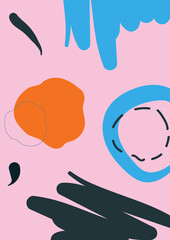 Contemporary doodle illustration with hand drawn various blue, orange neon shapes. Simple vector decorative pink geometric elements. Cartoon trendy set, modern design for wall decoration,