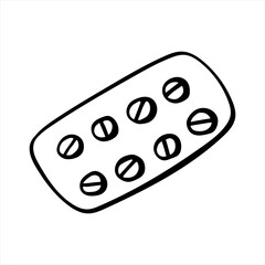 Blister with round pills, isolated simple hand drawn vector illustration in black and white