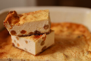 Cottage cheese casserole. Cottage cheese casserole in a ceramic shape.