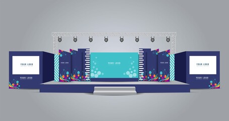 Event Stage design for business conferences, corporate projects presentations, shareholders event or meeting with slides on projection screens.