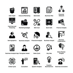 
Icons Set of Business and Finance In Glyph Design 
