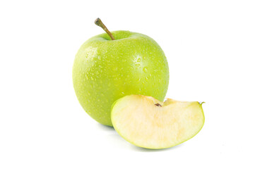 Whole green apple and sliced on white background. Fresh green apple.