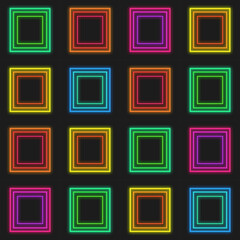 Neon squares on a black background. Seamless pattern, texture. Illustration.