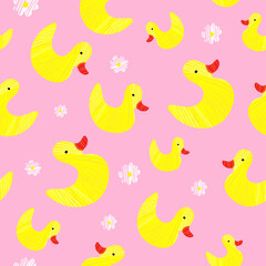 Cartoon yellow duck toys pattern. Children illustration. Design for posters, cards, prints, background. Elements for kids room.