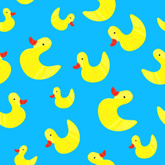 Cartoon yellow duck toys pattern. Children illustration. Design for posters, cards, prints, background. Elements for kids room.