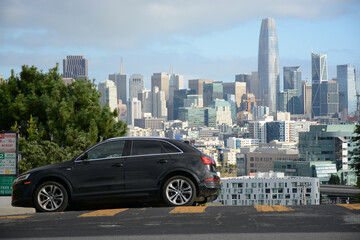 San Francisco California USA - August 17, 2019: San Francisco city skyline panorama viewed from Potrero Hill on the crossing of Texas street and 19th street