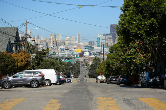 San Francisco California USA - August 17, 2019: San Francisco city skyline panorama viewed from Potrero Hill on the crossing of Texas street and 19th street