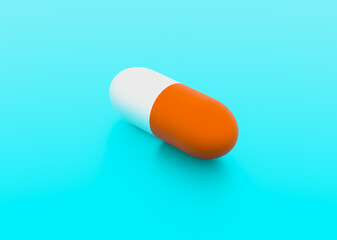 white-orange capsule pill on a blue background. rendered in 3d.
