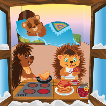 Hedgehogs prepare pancakes with jam in the kitchen in the room on the bed sleeping little bear cub on the windows snow winter vector cartoon