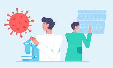 Chemical laboratory research. Vaccine discovery concept. Scientists, microscope working on antiviral treatment development. Vector illustration in flat cartoon style.