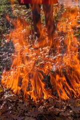 Fire flames burning dry leaves with woman's legs in the background.