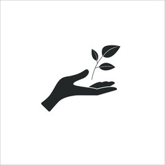 Hand carefully holds a sprout of a tree with leaves. Vector icon, black silhouette, flat design.
