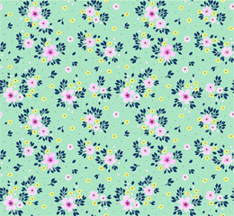 Floral pattern. Pretty flowers on light blue background. Printing with small pink flowers. Ditsy print. Seamless vector texture. Spring bouquet.