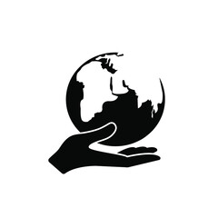 Planet earth in hand, lies on the palm, black vector icon. Flat minimal design, eps 10.