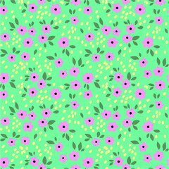 Seamless floral pattern for design. Small pink flowers. Light green background. Modern floral texture. A allover floral design in bright colors. The elegant the template for fashion prints.