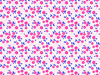 Trendy seamless vector floral pattern. Endless print made of small pink flowers and leaves. Summer and spring motifs. White background.Vector illustration.