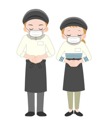 マスクをして頭を下げるカフェ店員