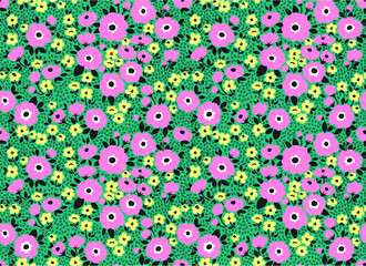 Simple cute pattern in small pink and yellow flowers on dark green background. Liberty style. Ditsy print. Floral seamless background. The elegant the template for fashion prints.