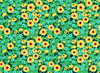 Trendy seamless vector floral pattern. Endless print made of small yellow and blue flowers, leaves. Summer and spring motifs. Dark green background.Vector illustration.