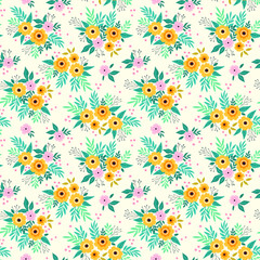Simple cute pattern in small yellow flowers on white background. Liberty style. Ditsy print. Floral seamless background. The elegant the template for fashion prints.