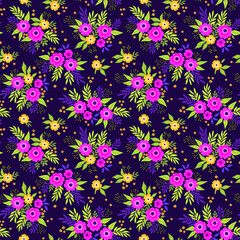 Floral pattern. Pretty flowers on dark violet background. Printing with small pink flowers. Ditsy print. Seamless vector texture. Spring bouquet.