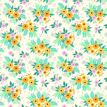 Simple cute pattern in small yellow flowers on white background. Liberty style. Ditsy print. Floral seamless background. The elegant the template for fashion prints. © ann_and_pen