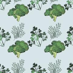 seamless background of hand-drawn vegetables isolated on a  colored background